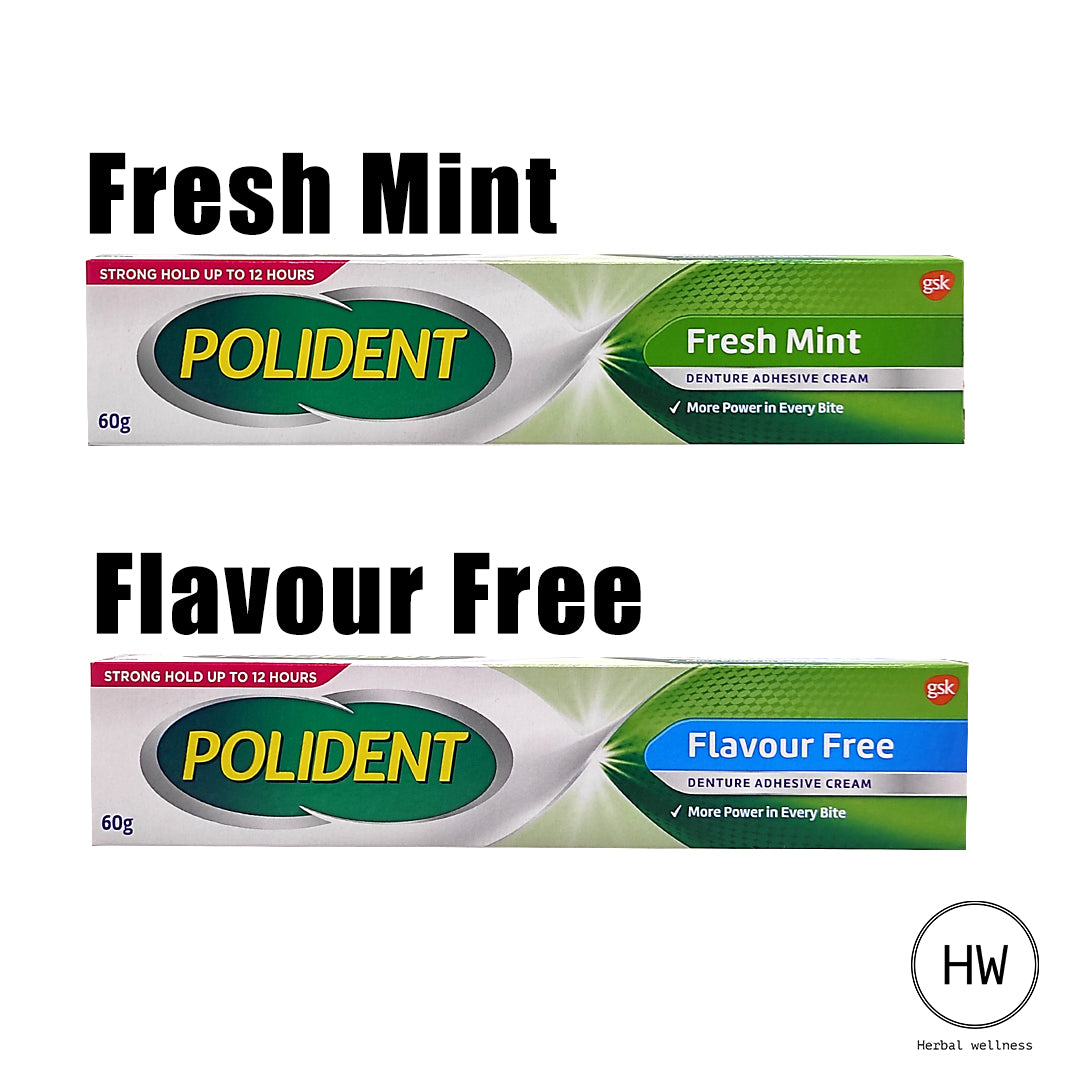 Polident Denture Adhesive Cream Fresh Mint/Flavour Free 60g